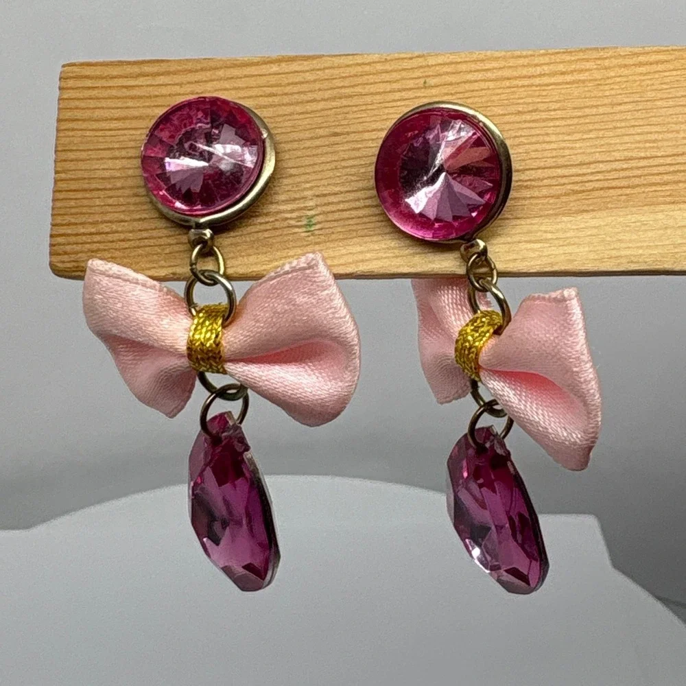 1980s Retro Pink Bow Drop Earrings with Faceted‎ Teardrop Gem Statement Jewelry